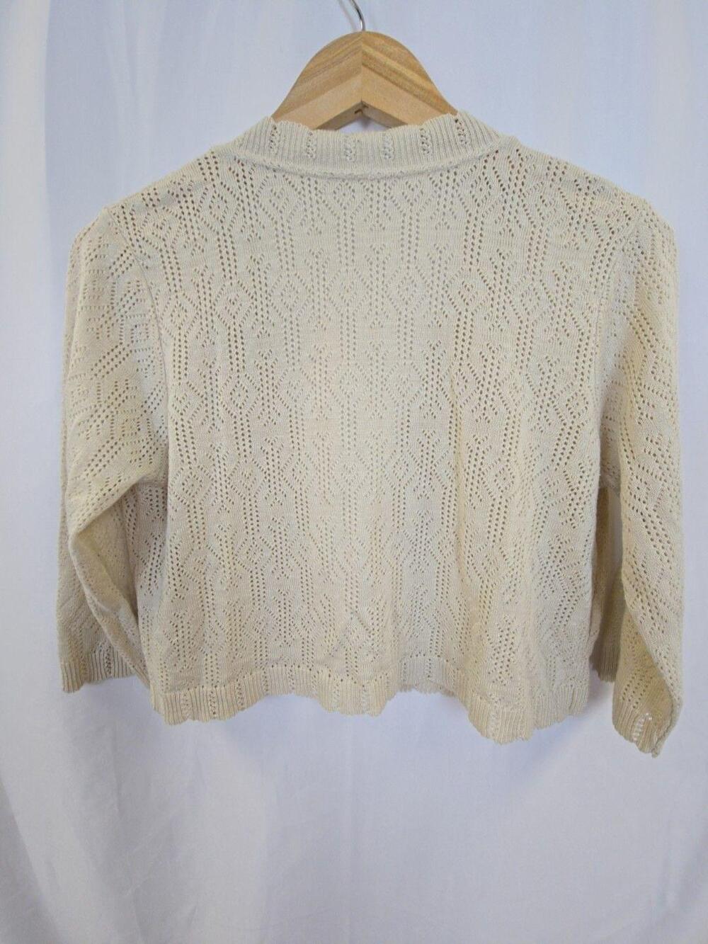 Sweater Cardigan Womens Medium White Open Knit 3/4 Sleeve Shrug Cropped - Picture 4 of 9